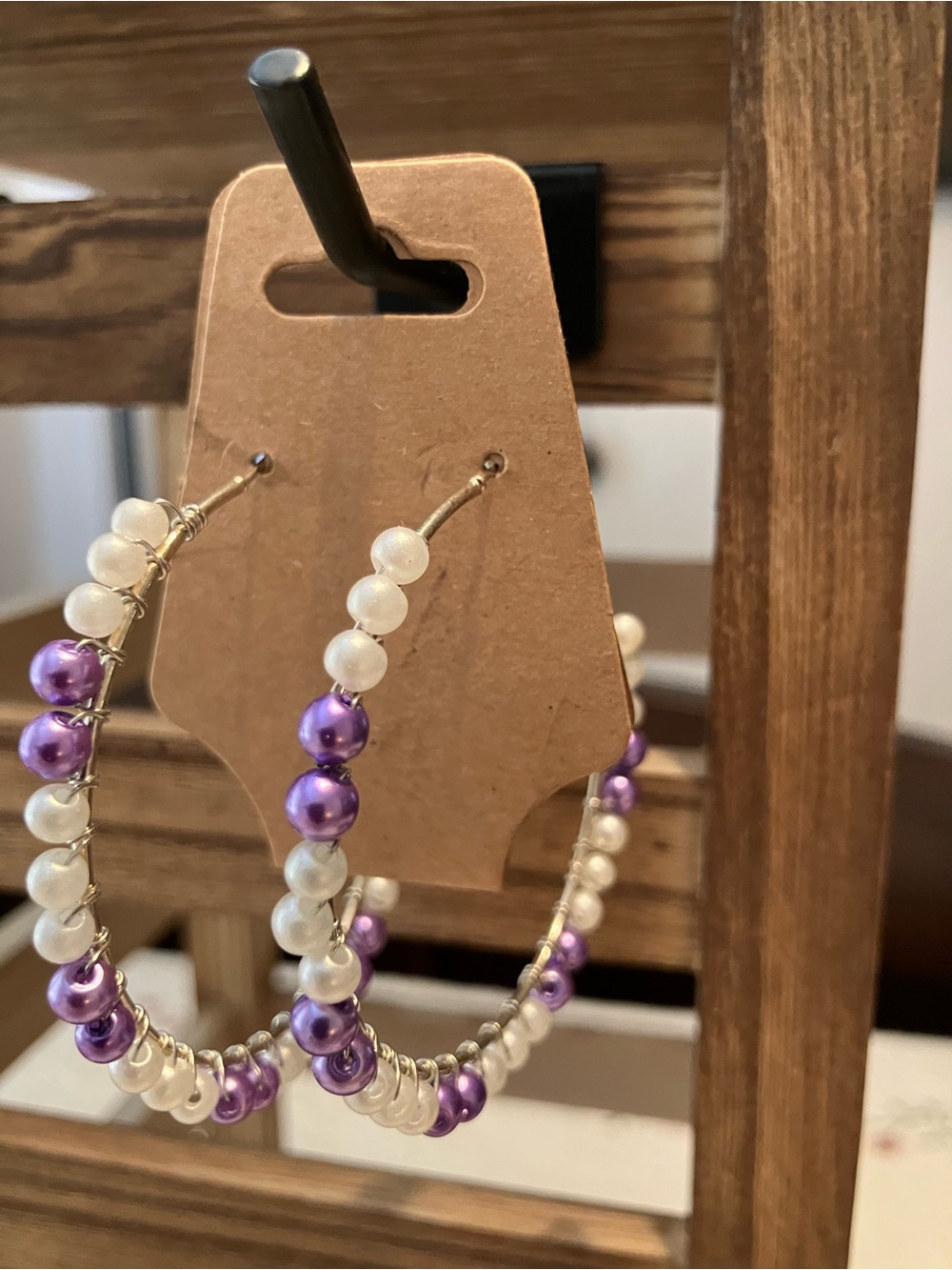 Handcrafted Silver accent Hooped Earrings with lavender and white beads